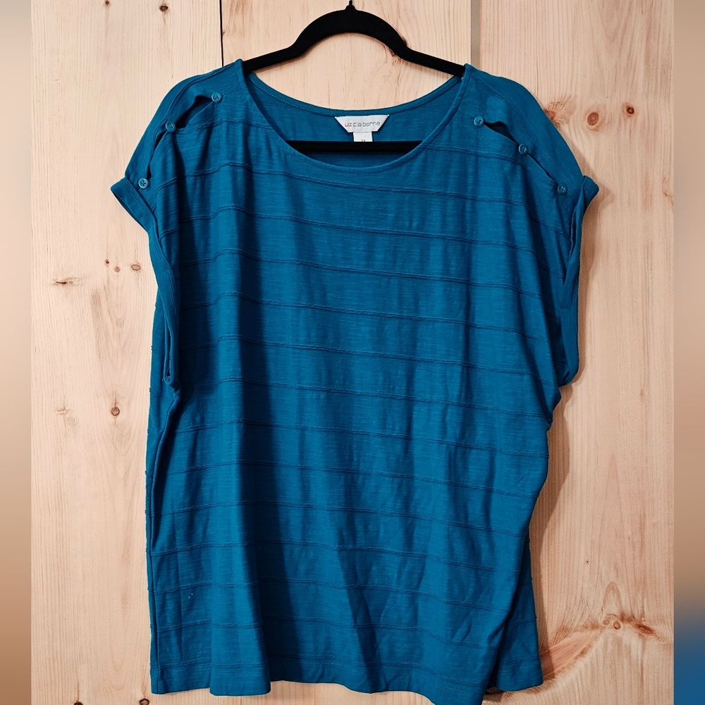 Liz Claiborne 2X Short Sleeve Blouse PeekaBoo Shoulders Turquoise NWOT